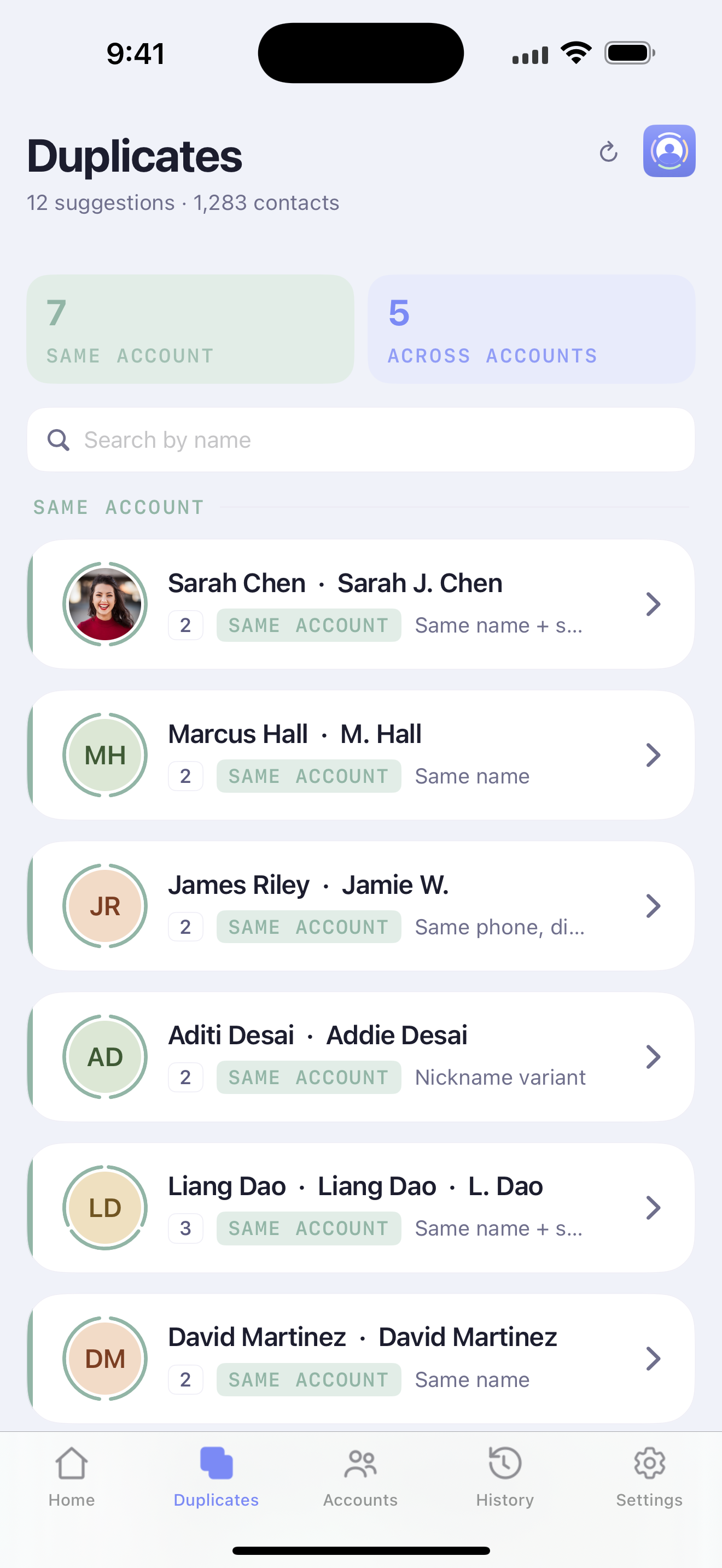 ContactOne duplicates list