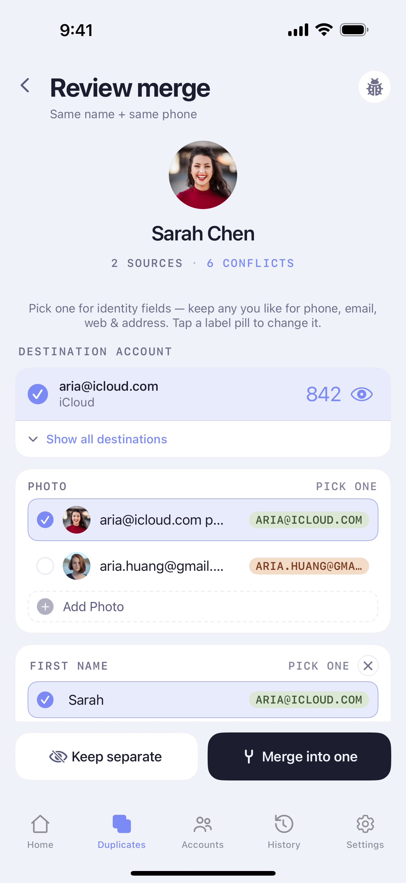Side-by-side merge review screen