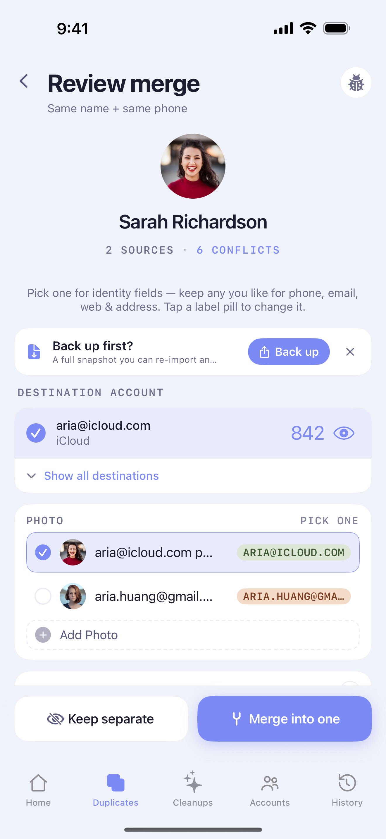 ContactOne side-by-side merge review