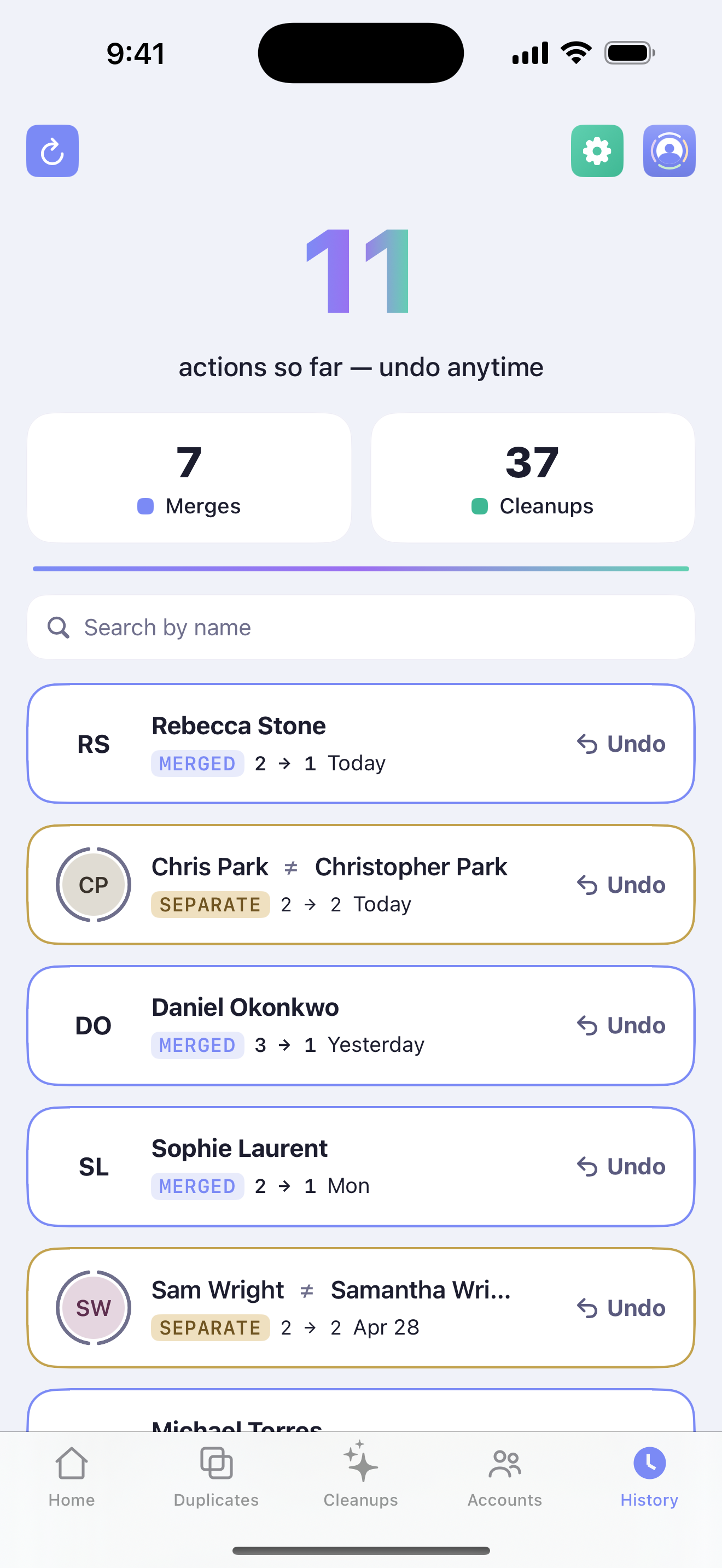Merge history with one-tap undo